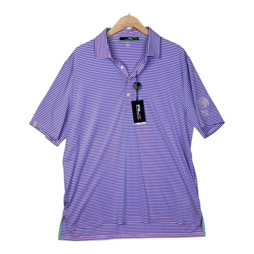 RLX Ralph Lauren Polo Shirt Golf UV Performance Purple pink striped mens XL New